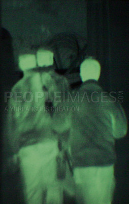 Buy stock photo Military, people and green night vision, walking or dark silhouette of spy, agent or terrorist with soldier. Police, surveillance or men training in infrared scope for army or security mission