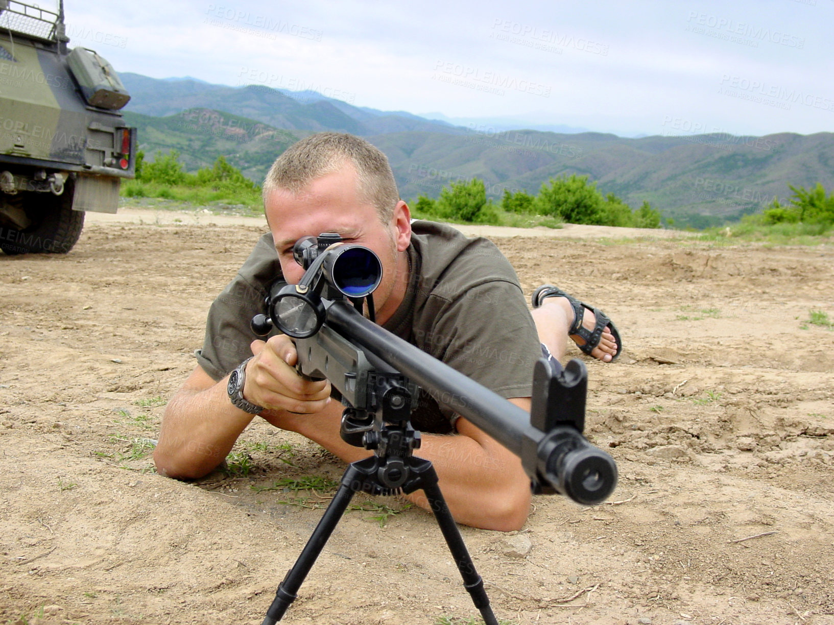 Buy stock photo Soldier, sniper and man with a gun, military and war with a battle, fighting and combat with conflict. Person, warrior and guy on the ground, weapon and shooting at target with army, outdoor and hero