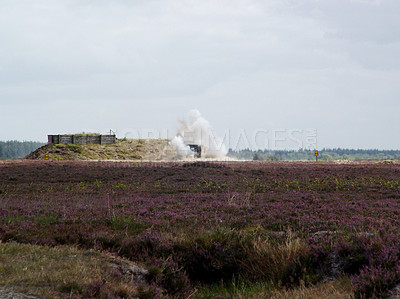 Buy stock photo War, explosion and missile attack in the countryside during conflict or fighting for freedom with space. Sky, mockup and bomb with a cloud of smoke outdoor on a military warzone or battlefield