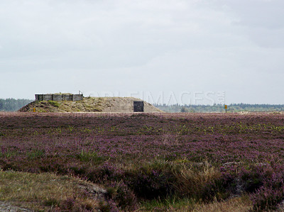 Buy stock photo Army base, training and military target in the countryside with grass, vegetation and a blue sky. War, space and horizon on an empty warzone or battlefield during conflict in a fight for freedom