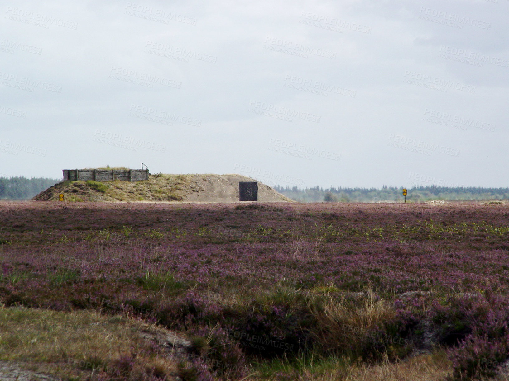 Buy stock photo Army base, training and military target in the countryside with grass, vegetation and a blue sky. War, space and horizon on an empty warzone or battlefield during conflict in a fight for freedom