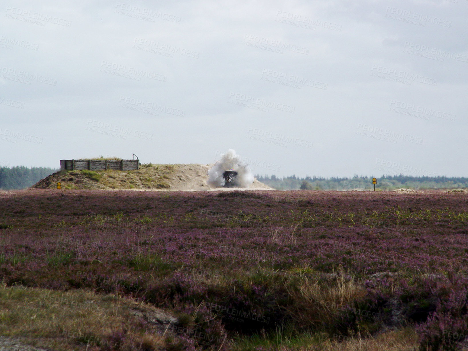 Buy stock photo War, explosion and missile attack on a warzone during conflict or fighting for freedom with space. Sky, mockup and bomb with a cloud of smoke outdoor on a military battlefield in the countryside