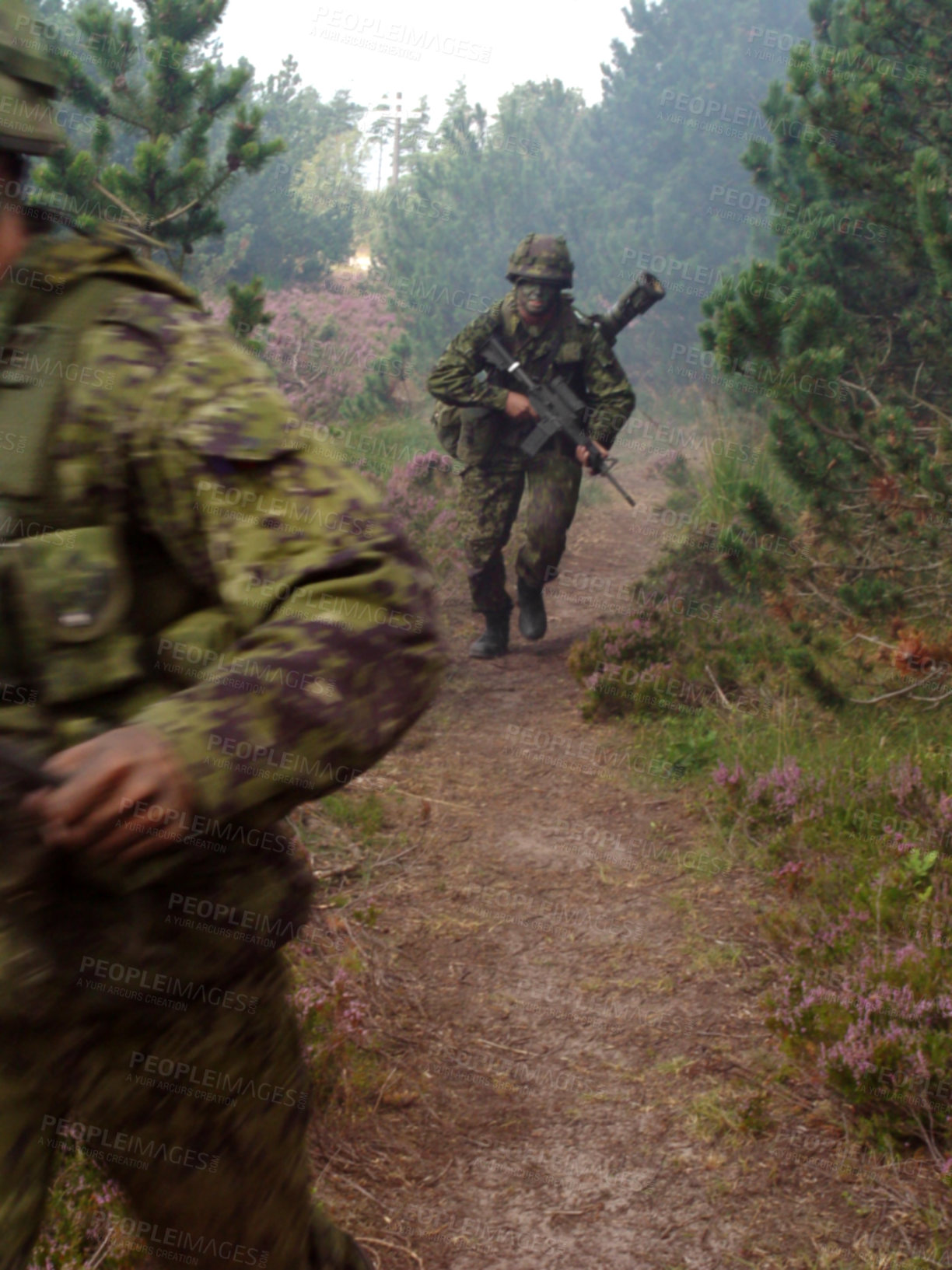 Buy stock photo Soldier, rifle and running in forest with camouflage for secret mission, scout or outdoor intel. Army man on route or move with gun, firearm or uniform for USA military operation, terrorist or attack