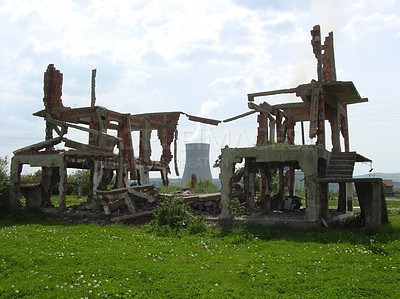 Buy stock photo House, ruins and outdoor with building on land in war, destruction or bomb on countryside property. Warzone, damage or frame of broken home and growth on rubble in rural, nature or farm in woods