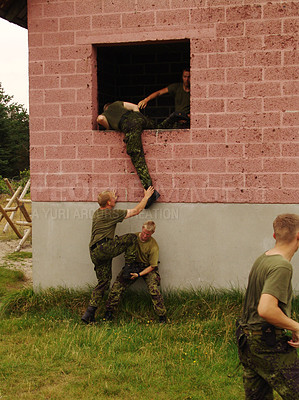 Buy stock photo Soldier, climbing and team with training outdoor for fitness, exercise or challenge in nature with gear. Military, people and obstacle for workout, mission or bootcamp with camouflage for survival