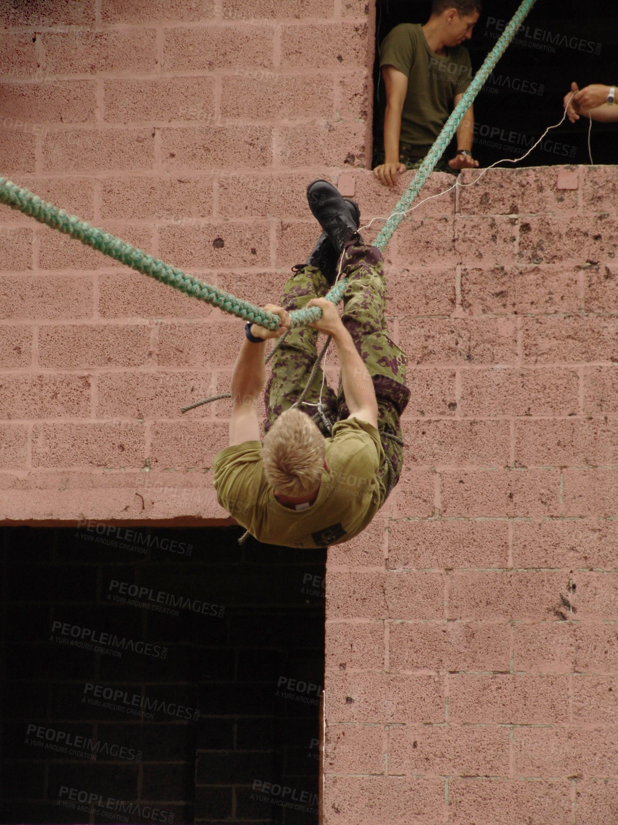 Buy stock photo Obstacle, soldier and training with rope climbing for fitness, exercise or challenge outdoor with gear. Military, people and upside down for workout, mission or bootcamp with camouflage for survival