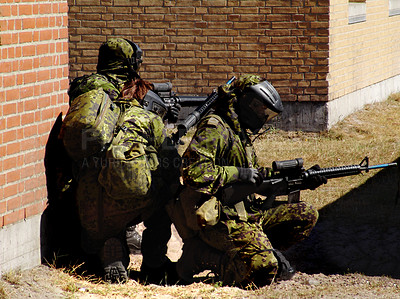 Buy stock photo Mission, soldier and target by building with weapon for fitness, exercise or challenge outdoor with gear. Military, people and battle for workout, attack or bootcamp with camouflage for survival