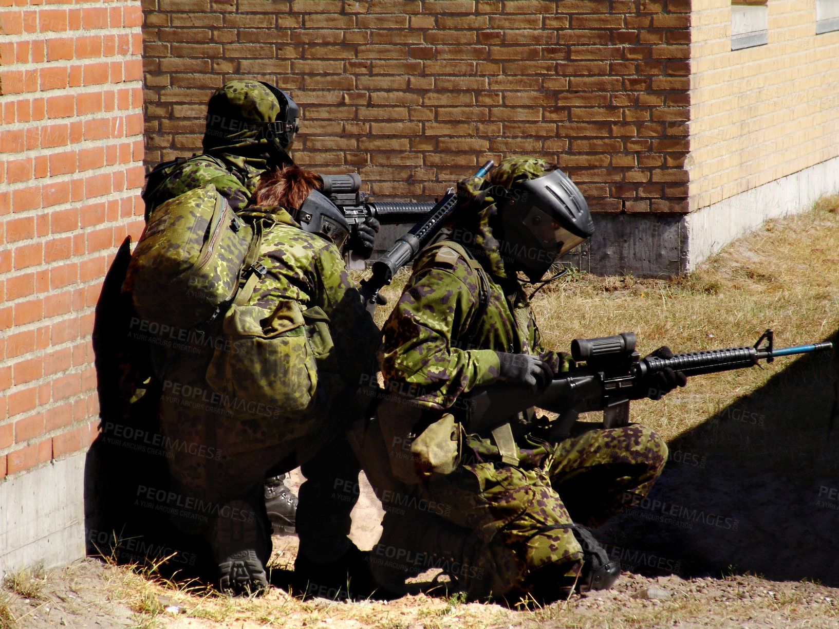 Buy stock photo Mission, soldier and target by building with weapon for fitness, exercise or challenge outdoor with gear. Military, people and battle for workout, attack or bootcamp with camouflage for survival