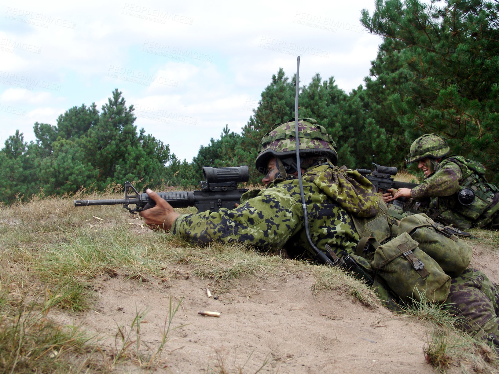 Buy stock photo Army, soldier and target with weapon and aim for fitness, battle or challenge outdoor with gear or hiding. Military, people and attack for workout, mission or bootcamp with camouflage for survival