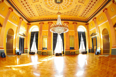 Buy stock photo Empty hotel hall, luxury ballroom for banquet or dance, space for conference or event. Architecture, interior and room, royal court floor and location with chandelier, sunshine in palace or mansion.