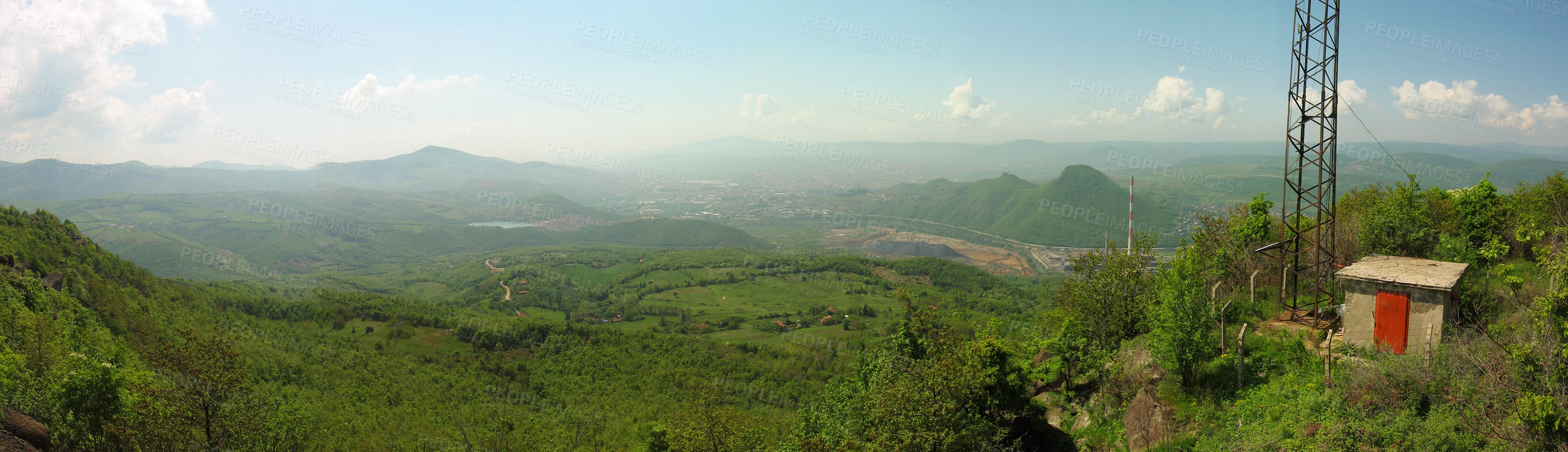 Buy stock photo Mountain, forest and banner of radio tower with blue sky for military operation, base or outdoor checkpoint in nature. Green hills, clouds or signal antenna by shelter for communication or rendezvous