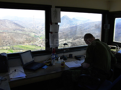 Buy stock photo Radio tower, air traffic control and a man at his desk to monitor the airways with a view of the sky. Airport, aviation and navigation with a person working on flight strategy or direction of travel