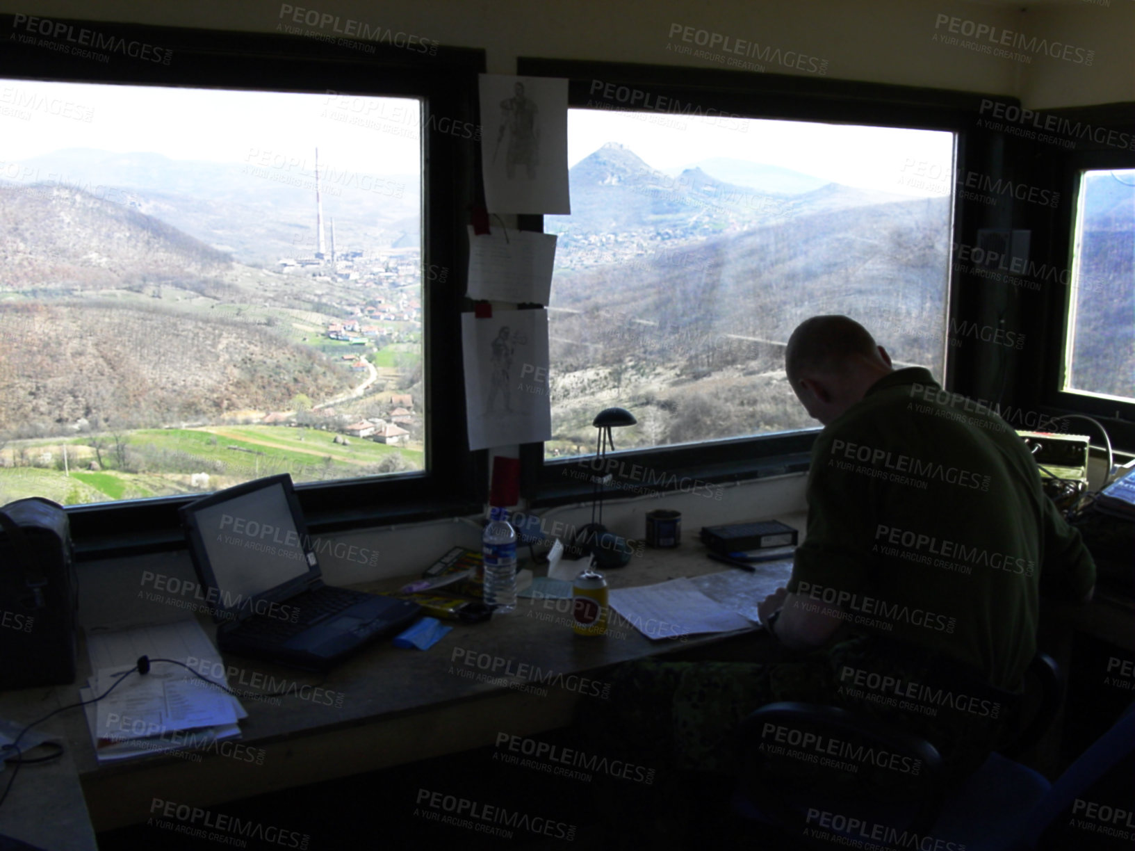 Buy stock photo Radio tower, air traffic control and a man at his desk to monitor the airways with a view of the sky. Airport, aviation and navigation with a person working on flight strategy or direction of travel