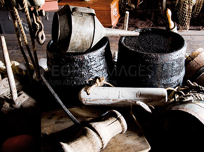 Buy stock photo Interior, cabin and vintage tools, equipment and relics, barrels and bellows for storage of gear. Retro room, rustic cottage and old rope, wood and hammer in house, home and architecture in shack