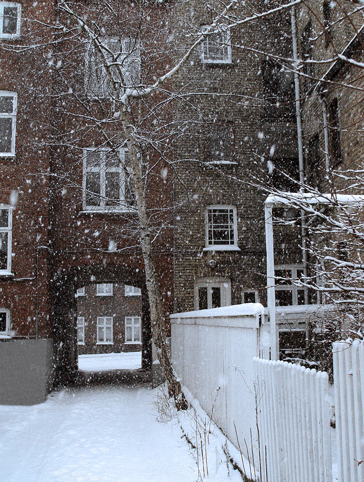 Buy stock photo Winter, snow and storm in a village apartment, real estate or buildings with landscape or neighborhood. Cold weather, environment or location in russia outdoor in nature with ice, tree or brick house