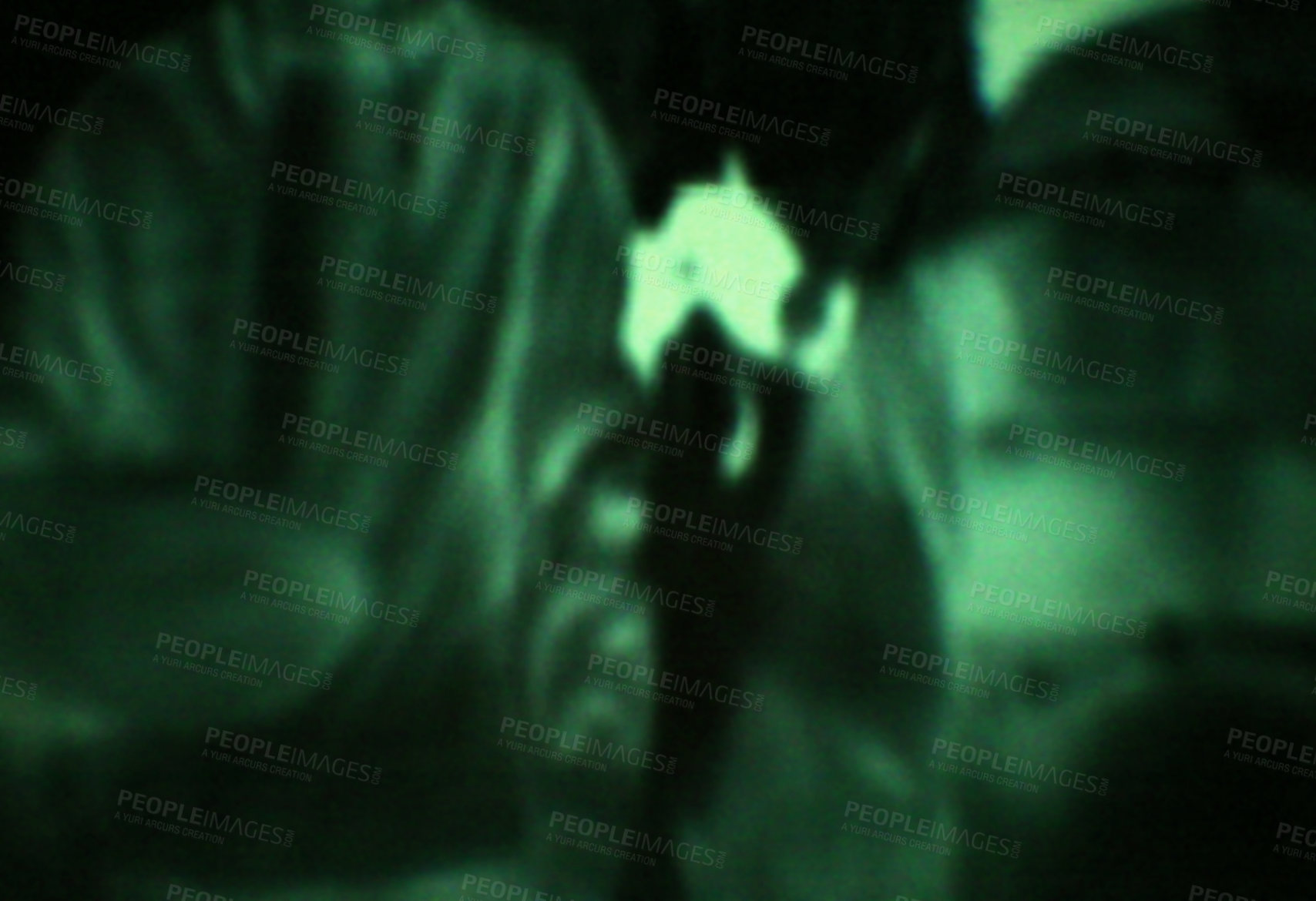 Buy stock photo Military, target and green night vision, overlay or dark silhouette of spy, agent or terrorist risk to soldier. Police, surveillance or men training in infrared scope for army or security mission