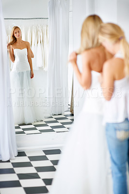 Buy stock photo Wedding, fitting and bride with girl friend in a luxury boutique, shop or store in a mall. Retail, romance and female person from Canada preparing for marriage ceremony, party or reception for love.