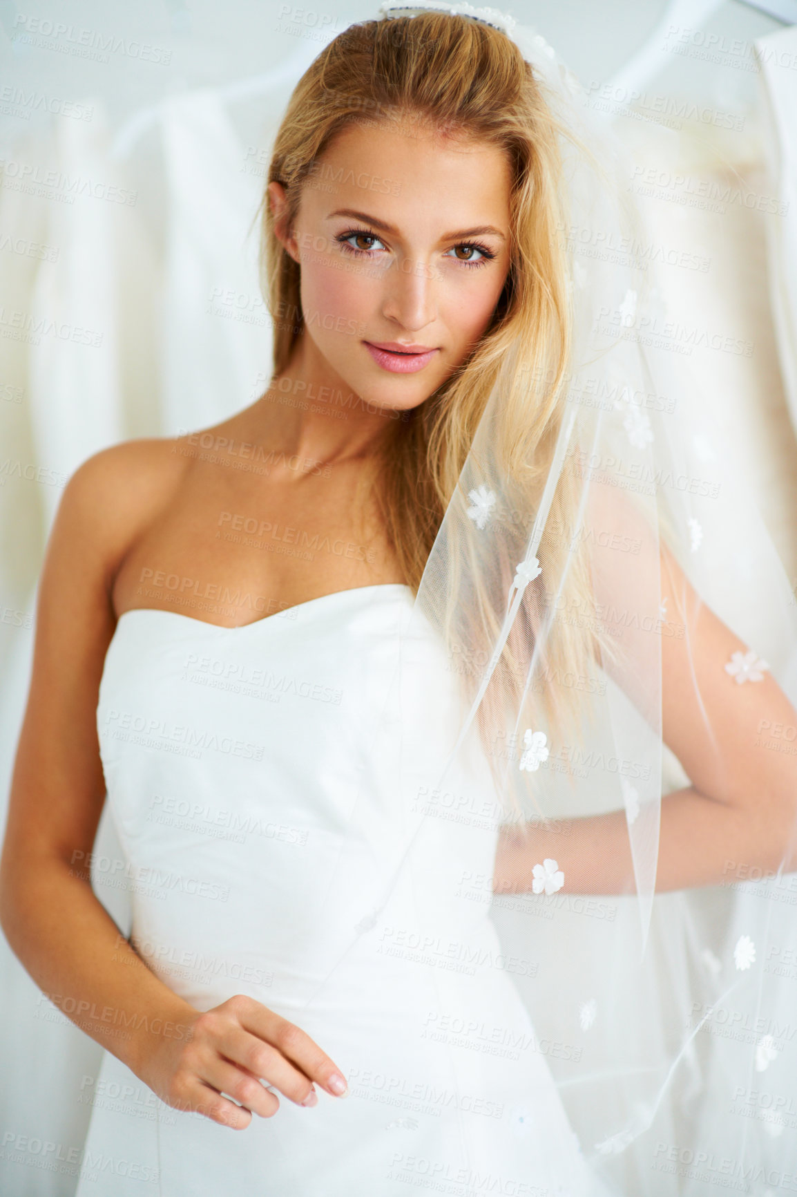 Buy stock photo Wedding, portrait and young bride in a dress in a luxury boutique, shop or store in a mall. Retail, romance and female person from Canada preparing for marriage ceremony, party or reception for love.