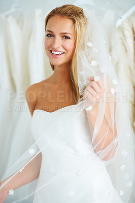 Buy stock photo Wedding, smile and portrait of bride in a dress in luxury boutique, shop or store in a mall. Retail, romance and female person from Canada preparing for marriage ceremony, party or reception for love