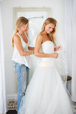 Buy stock photo Wedding, fitting and bride with girl friend in a luxury boutique, shop or store mall. Retail, fashion and female person from Canada preparing for marriage ceremony, shopping or reception for love.