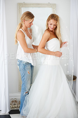 Buy stock photo Wedding, dress and bride with girl friend in a luxury boutique, shop or store in a mall. Retail, romance and female person from Canada preparing for marriage ceremony, party or reception for love.
