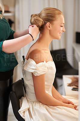 Buy stock photo Hairdresser, wedding and woman styling for long, healthy and bridal hairstyle on a young model. Stylist, beauty and beautiful female person from Australia at salon or spa for self care treatment.