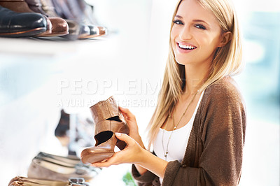 Buy stock photo Shoes store shopping happy girl customer smile and buy from luxury boutique shop discount deal or fashion retail sale offer. Happy portrait of young person or woman excited with buy choice at mall