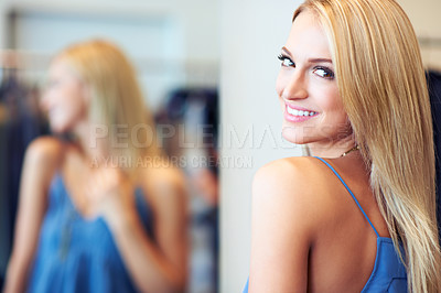 Buy stock photo Mirror, smile or happy shopping woman or customer in luxury retail store portrait. Social media influencer or girl at fashion boutique shop or mall for discount sale product or designer brand clothes