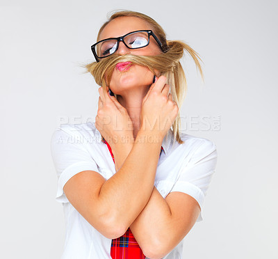 Buy stock photo School, girl and portrait with sexy glasses, fashion and cosplay as student with hair in pigtails on white background in studio. Funny, costume and woman with uniform, tie and hairstyle for halloween