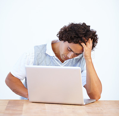 Buy stock photo Frustrated, stress and business man on laptop with networking error, mistake and glitch at desk. Communication, burnout and male worker on computer with stressed out, headache and problem in studio