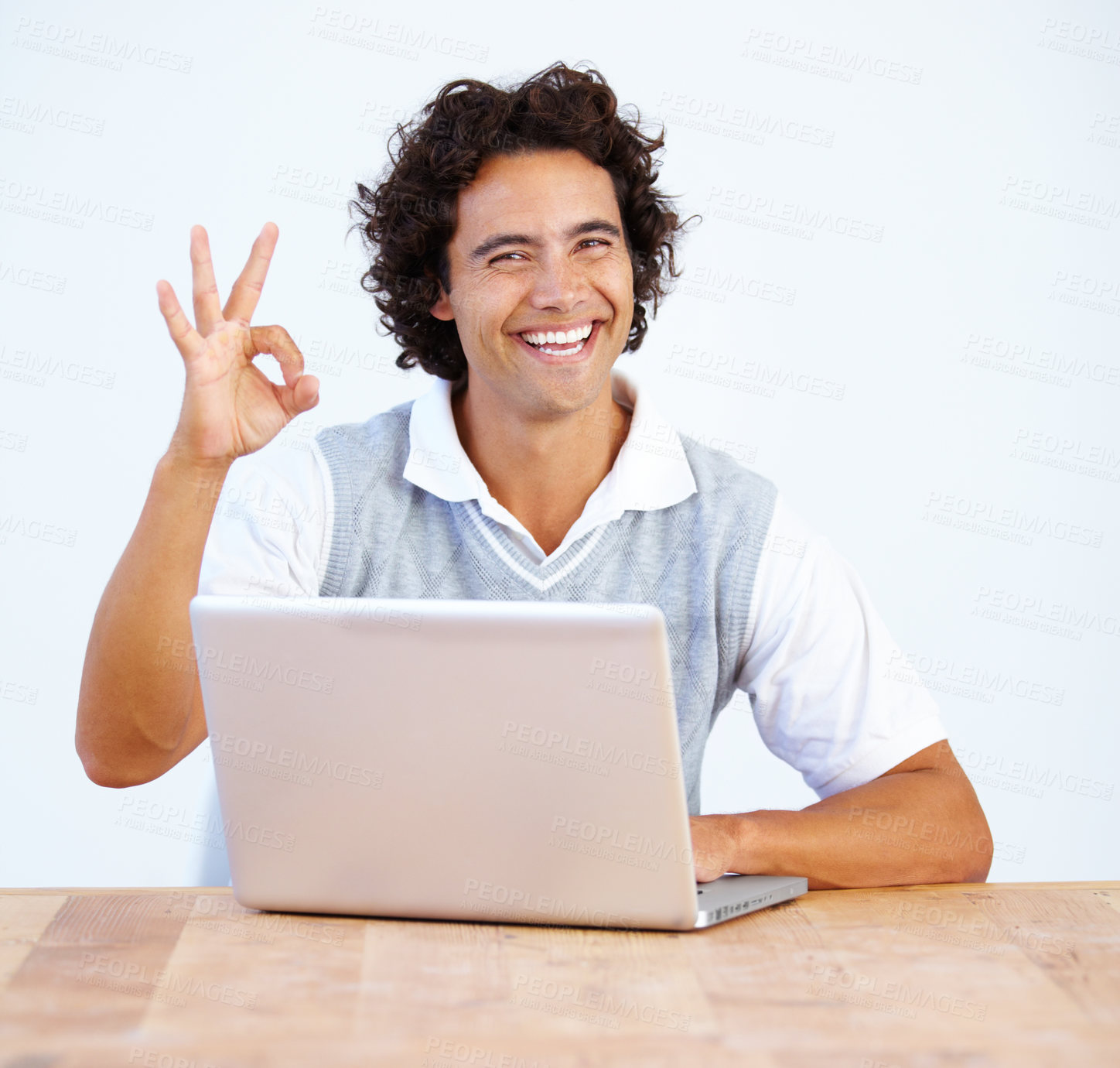 Buy stock photo Portrait, okay and laptop with a business man working at a desk in the office to finish a project. Smile, hand gesture and complete with a happy male employee at work on a computer in the workplace