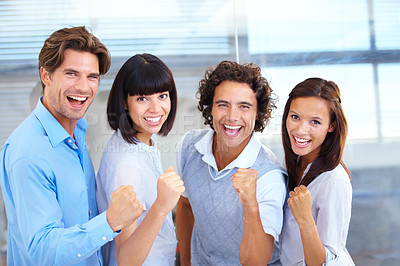 Buy stock photo Business people, portrait smile and fist in celebration for winning, teamwork or success at the office. Happy and excited employees standing together in happiness for victory, win or team promotion