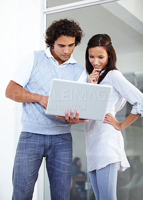 Buy stock photo Office man, woman and laptop sharing ideas in meeting for planning or information at workplace. Happy business people in creative project plan on computer research, strategy or teamwork for startup