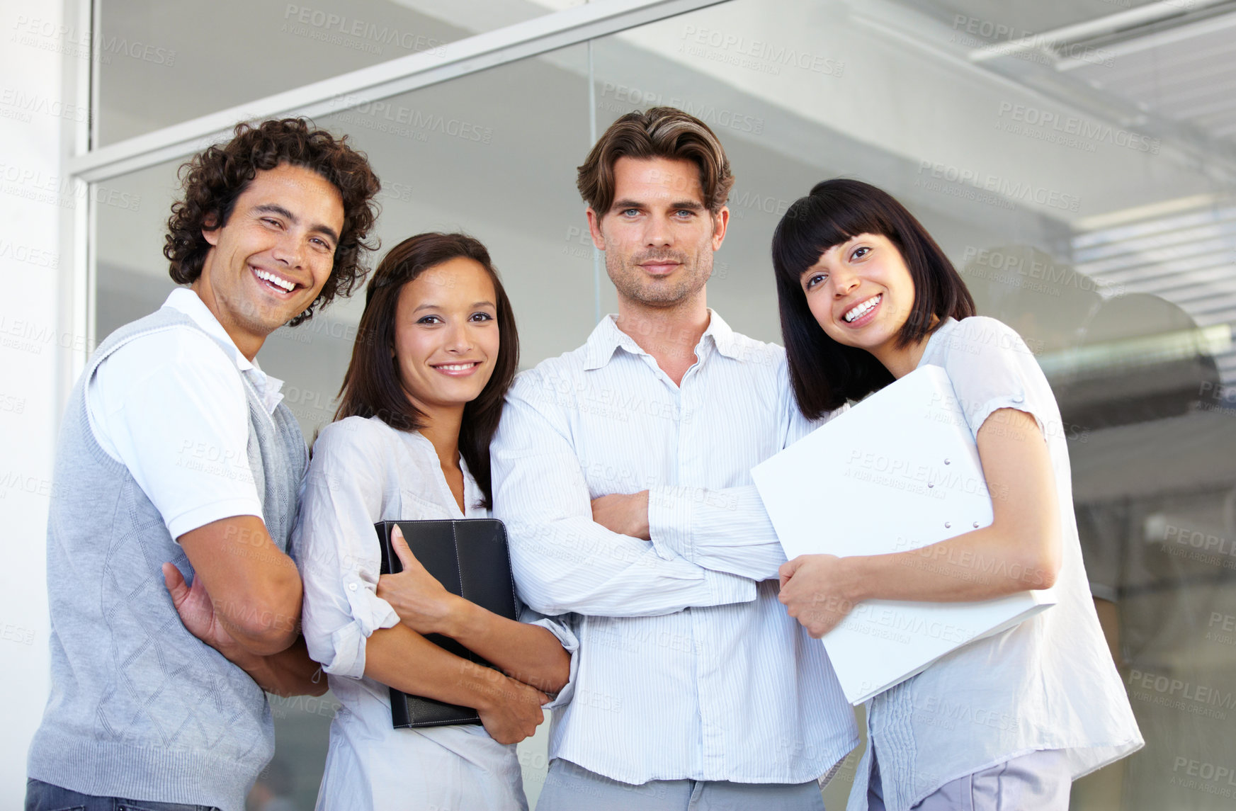 Buy stock photo Business people, portrait smile and arms crossed in teamwork, leadership or management at the office. Happy employee professional standing in confidence for team building together at the workplace