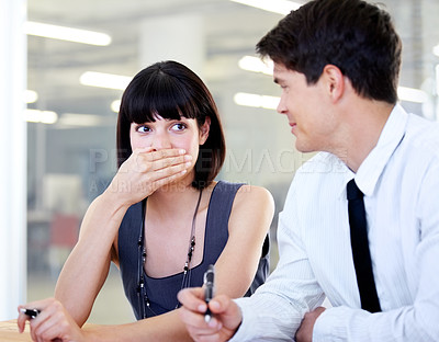 Buy stock photo Business people, teamwork and laughing in office while working together on project. Collaboration, funny and man and woman, employees or friends laugh at comedy, joke or humor in corporate workplace.