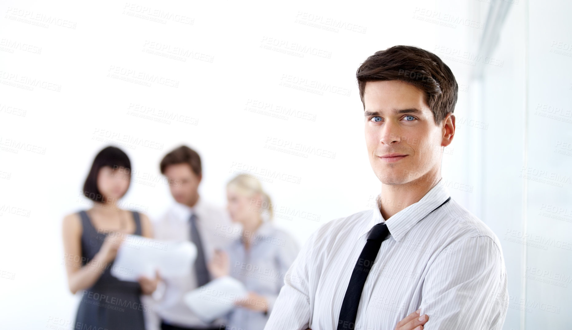 Buy stock photo Portrait, business and man with confidence, management skills and entrepreneur in the workplace. Face, male person and employee with arms crossed, leadership and startup with consultant and worker