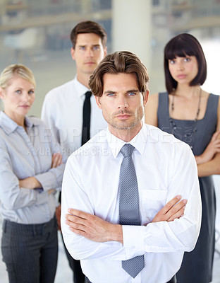 Buy stock photo Portrait, confident people with serious face and arms crossed in business office. Teamwork or collaboration, coworkers or colleagues in corporate environment and professional leadership or management