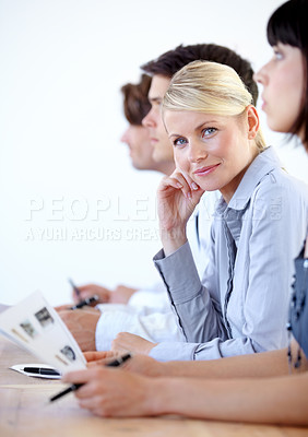 Buy stock photo Portrait, meeting and a business woman in the boardroom during a strategy or planning workshop. Corporate, professional and seminar with a young female employee sitting at a table in the office