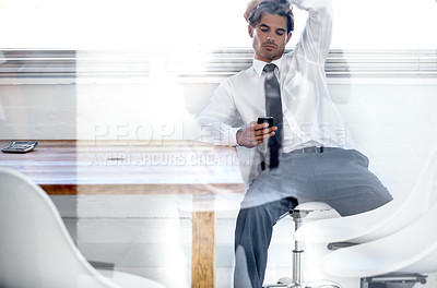 Buy stock photo Business man, texting and office with double exposure, think or stress for financial article on phone. Businessman, frustrated or search for news, information or networking with connectivity overlay