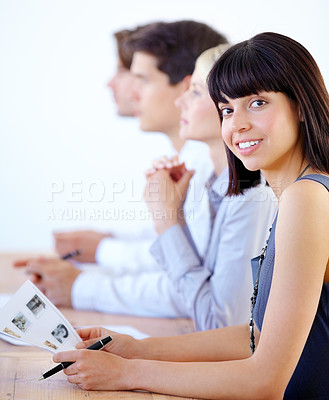 Buy stock photo Portrait, workshop and a business woman in the boardroom during a strategy or planning meeting. Corporate, professional and seminar with a young female employee at a table during a presentation