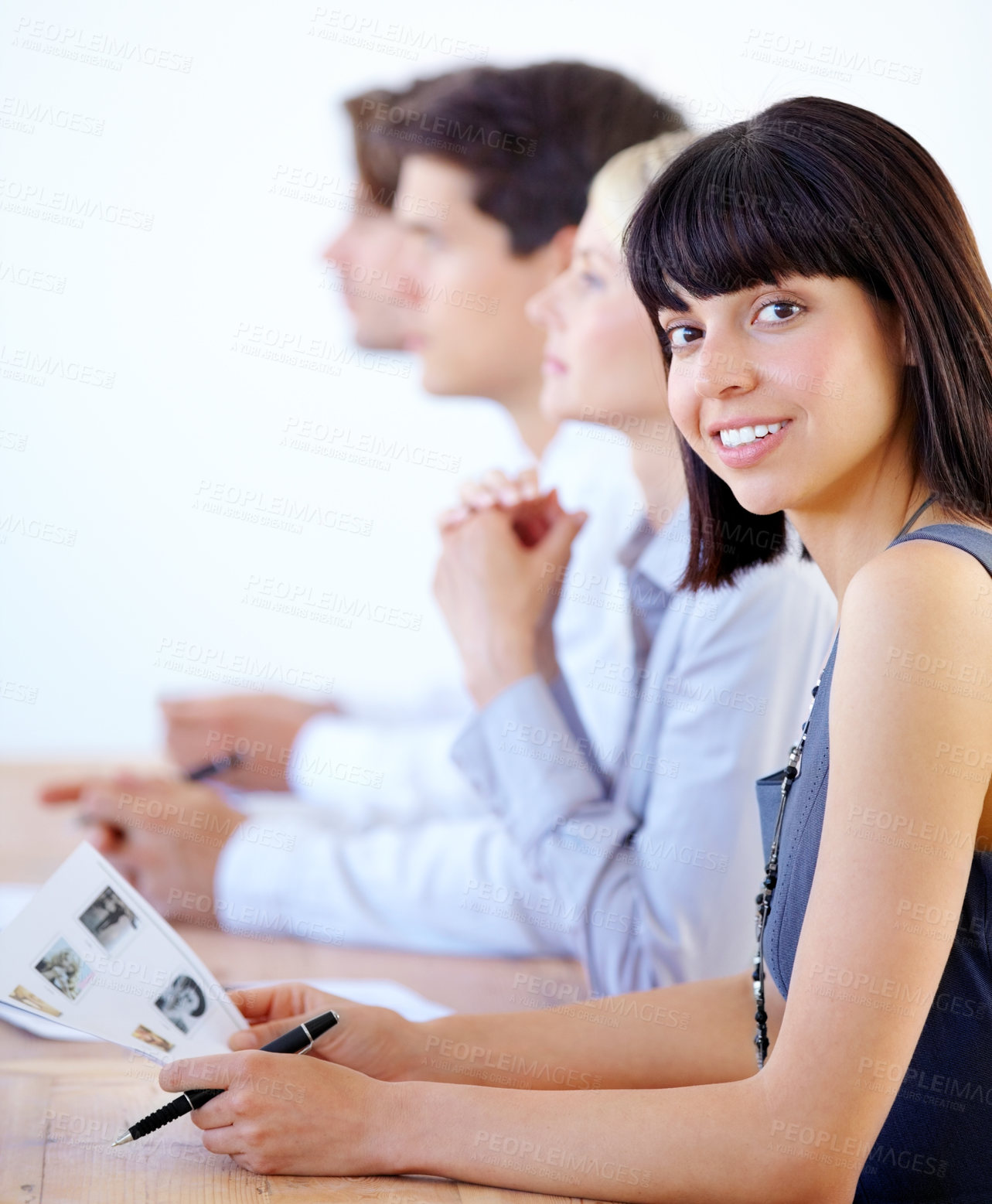 Buy stock photo Portrait, workshop and a business woman in the boardroom during a strategy or planning meeting. Corporate, professional and seminar with a young female employee at a table during a presentation