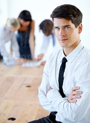 Buy stock photo Portrait, serious and business man with arms crossed in office with pride for career or job. Professional, confidence and male entrepreneur, executive or manager with success mindset in workplace.