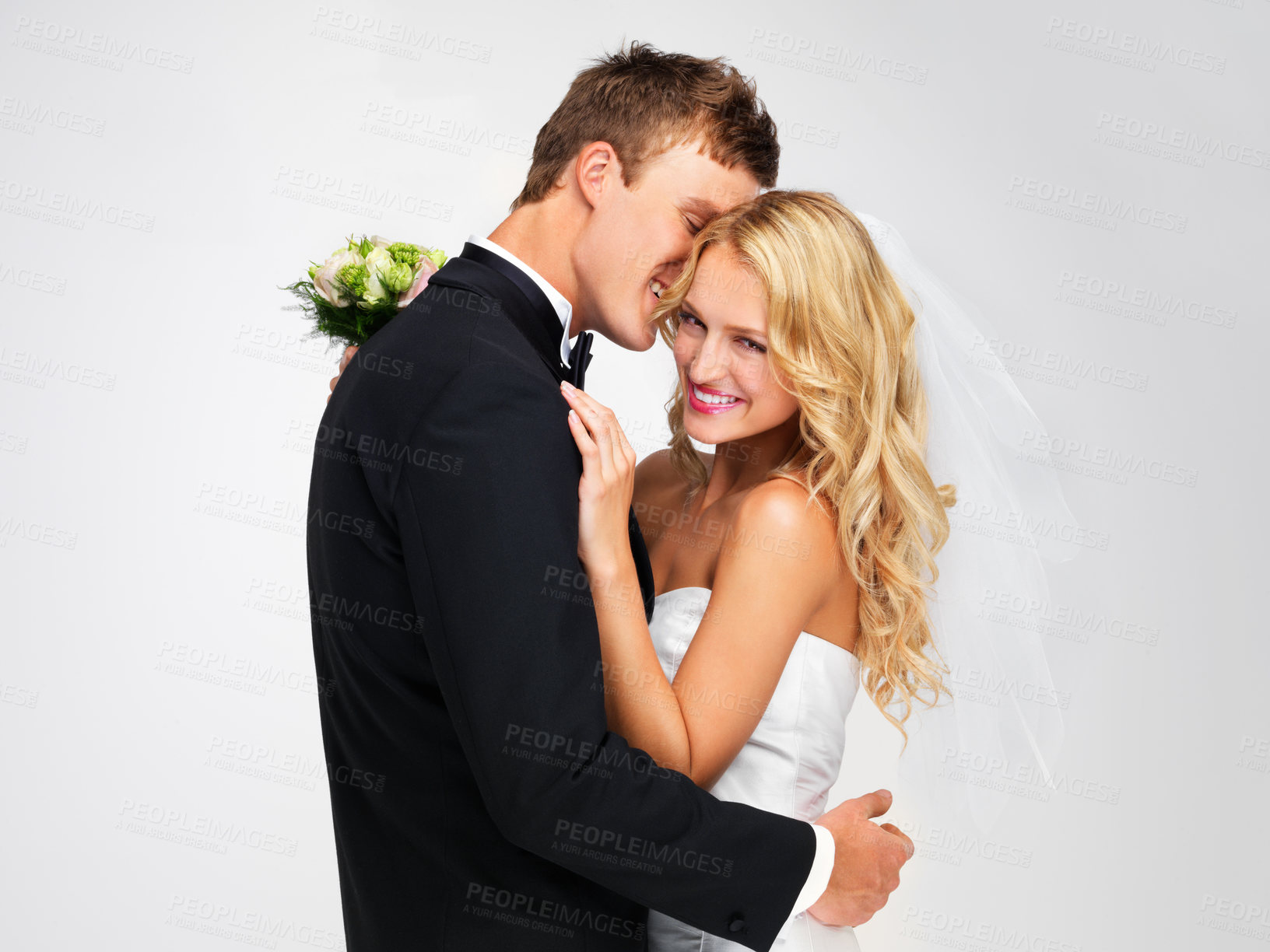 Buy stock photo Wedding, couple and marriage with a bride and groom as a couple in studio against a white background. Dress, suit and flowers with a man and woman getting married at a celebration event or ceremony