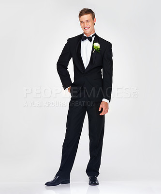 Buy stock photo Happy groom, in tuxedo at wedding or man in portrait with a smile on his face. Husband, classy and luxury tux or suit at an event or fashion studio with mockup or copy space background.