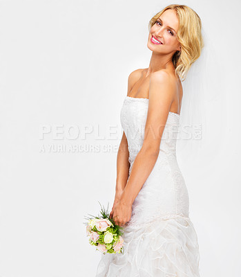 Buy stock photo Portrait of bride wedding with flower bouquet and marriage dress on studio white background. Happy, smile and beauty of elegant young woman in bridal fashion getting married for celebration event
