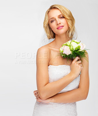 Buy stock photo Marriage, wedding and woman or bride in a studio with a bouquet on a white background. Portrait face of a young model with rose flowers, beauty makeup and wedding dress fashion design with mockup