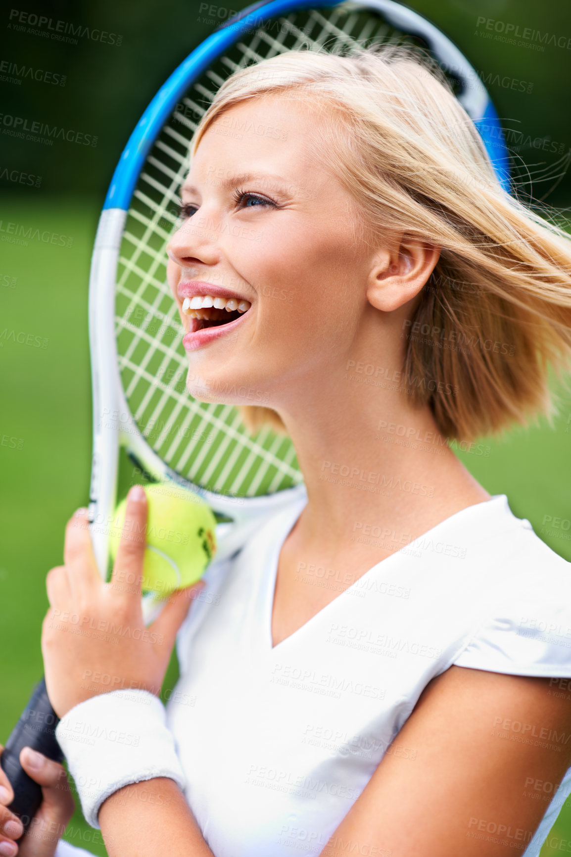 Buy stock photo Smile, thinking or happy woman with a ball in tennis training match, fitness exercise or game outdoors. Racket, healthy person or excited girl athlete on court ready for sports, wellness or workout 