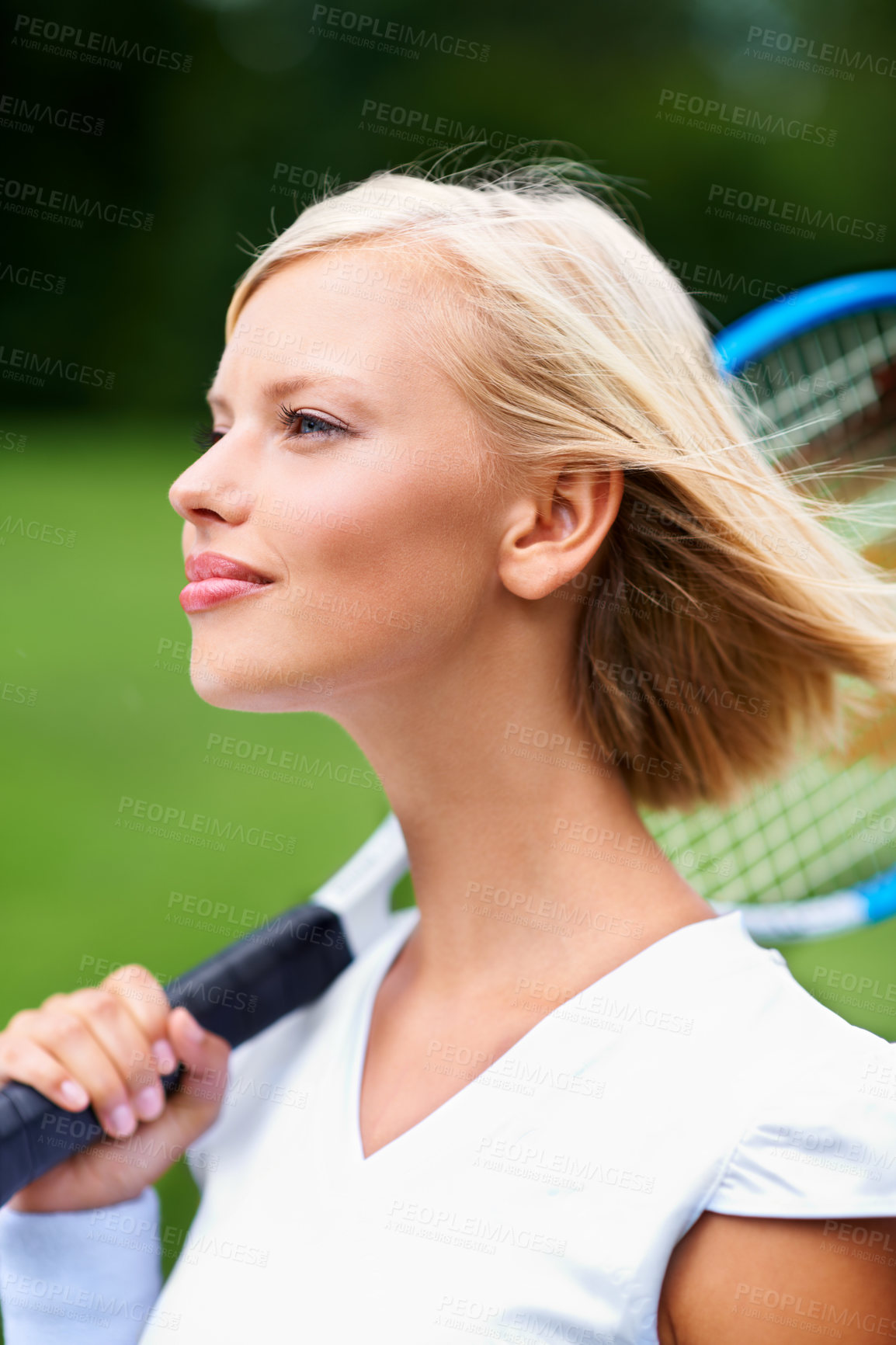 Buy stock photo Tennis, woman and thinking with racket outdoor for training to play match, contest or competition. Face of confident young athlete, sports player and daydream of tournament game on windy day at court