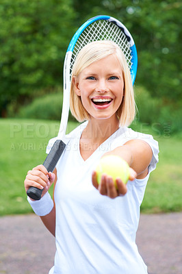 Buy stock photo Ball, portrait or happy woman ready for tennis training, exercise or game with a racket outdoors. Smile, healthy start or excited girl athlete giving an offer for sports, wellness or fitness workout