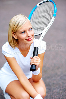 Buy stock photo Tennis, woman and thinking with racket outdoor for training, contest and performance in competition. Happy young athlete, sports player and kneeling to daydream with bat for tournament game on court 